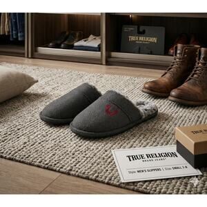 NWT True Religion Men’s Herringbone Slippers - Small 7-8 - Gray/Red 🏠